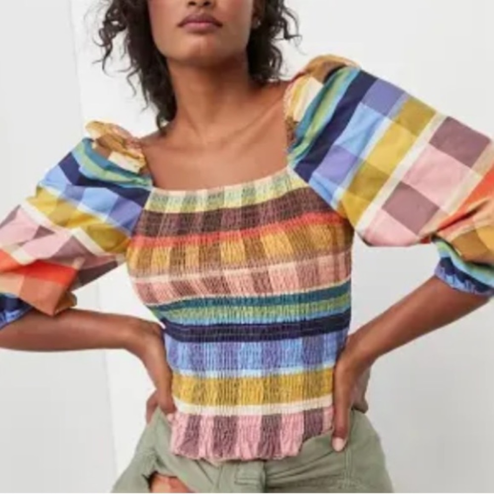 FARM Rio Multicolor Smocked Puff-Sleeve Top - Yellow, Blue, Pink, Green